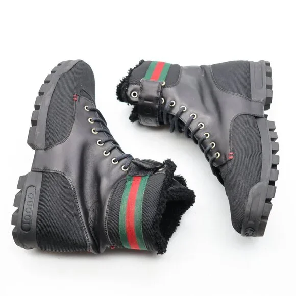 GUCCI Black Leather Signature Webbing Shearling Lined Men UK 9.5 US 10 Combat